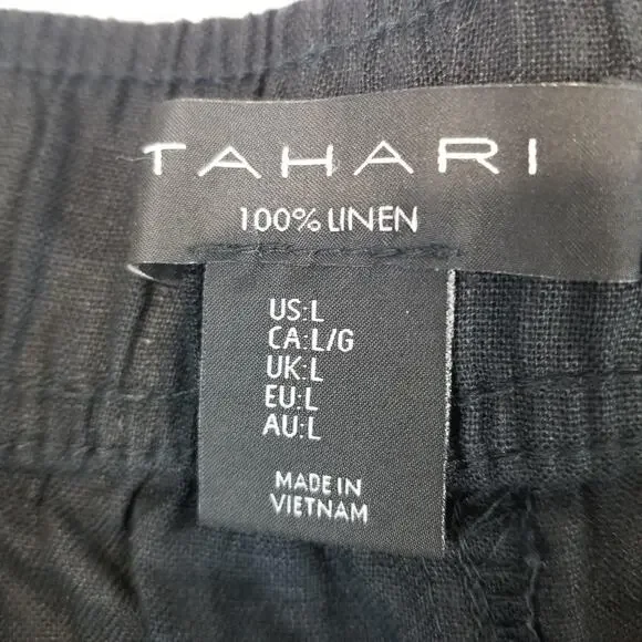 Tahari Pants Womens Large Black Linen Wide Leg Pull On Elastic Waist Pockets - Picture 6 of 11